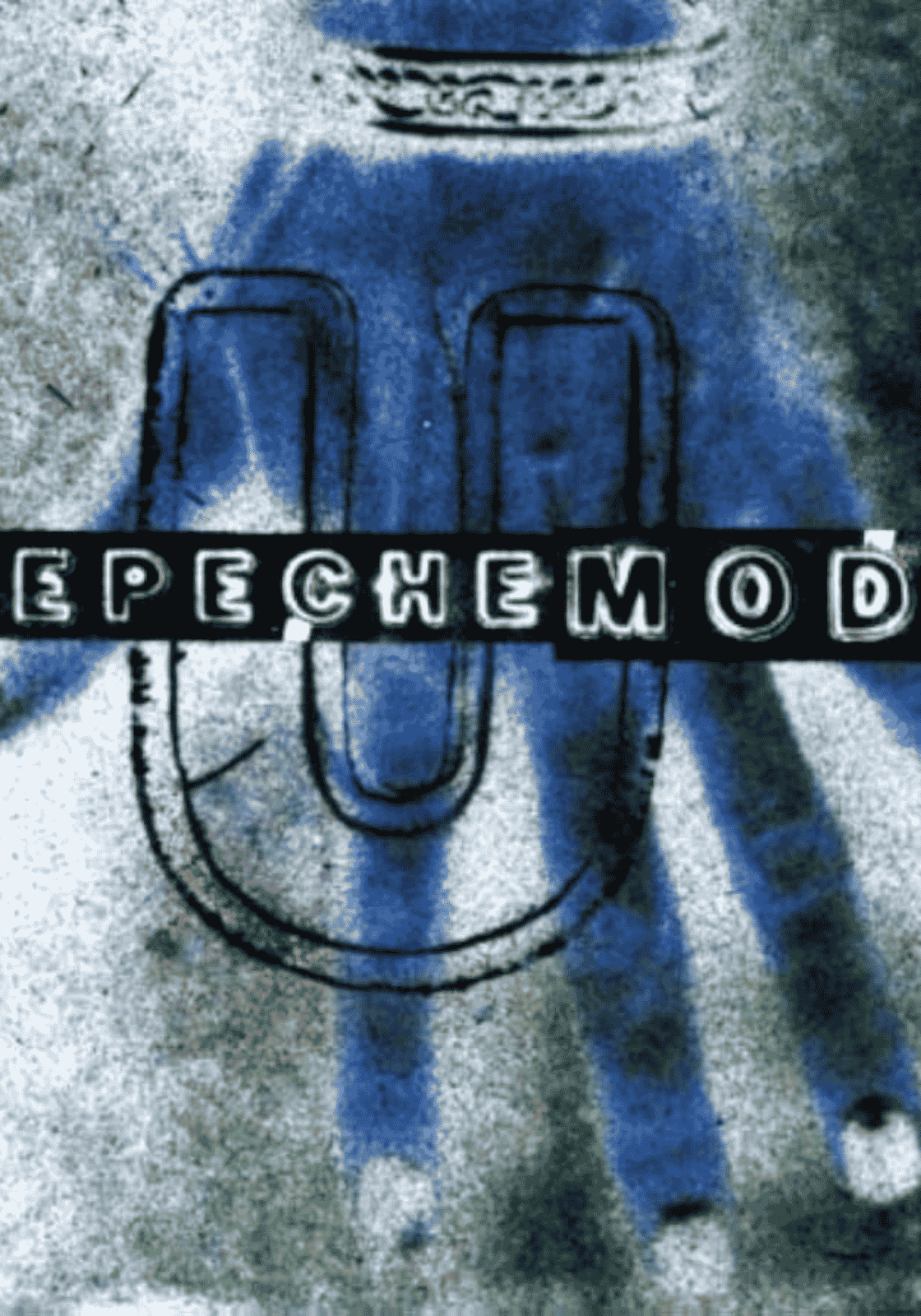 Az Ultra album kék U betűjének és Depeche Mode feliratának részlete