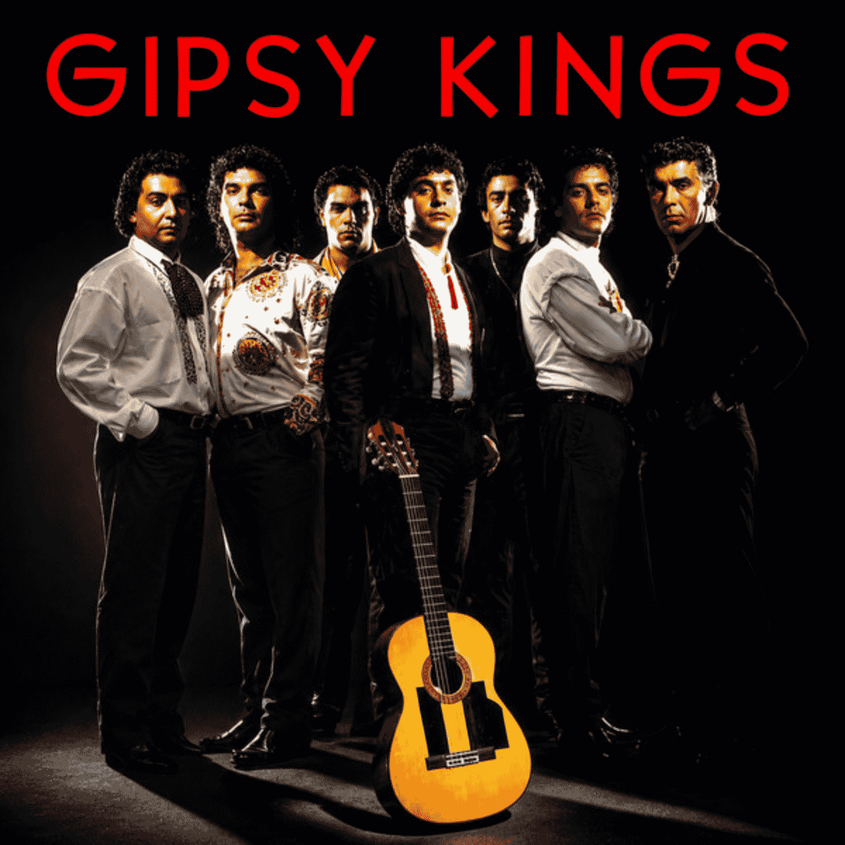 A Gipsy Kings zenekar fekete háttér előtt, középen sárga flamencogitárral