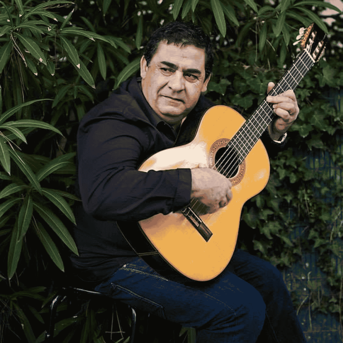 Tonino Baliardo klasszikus gitárral, zöld növények előtt
