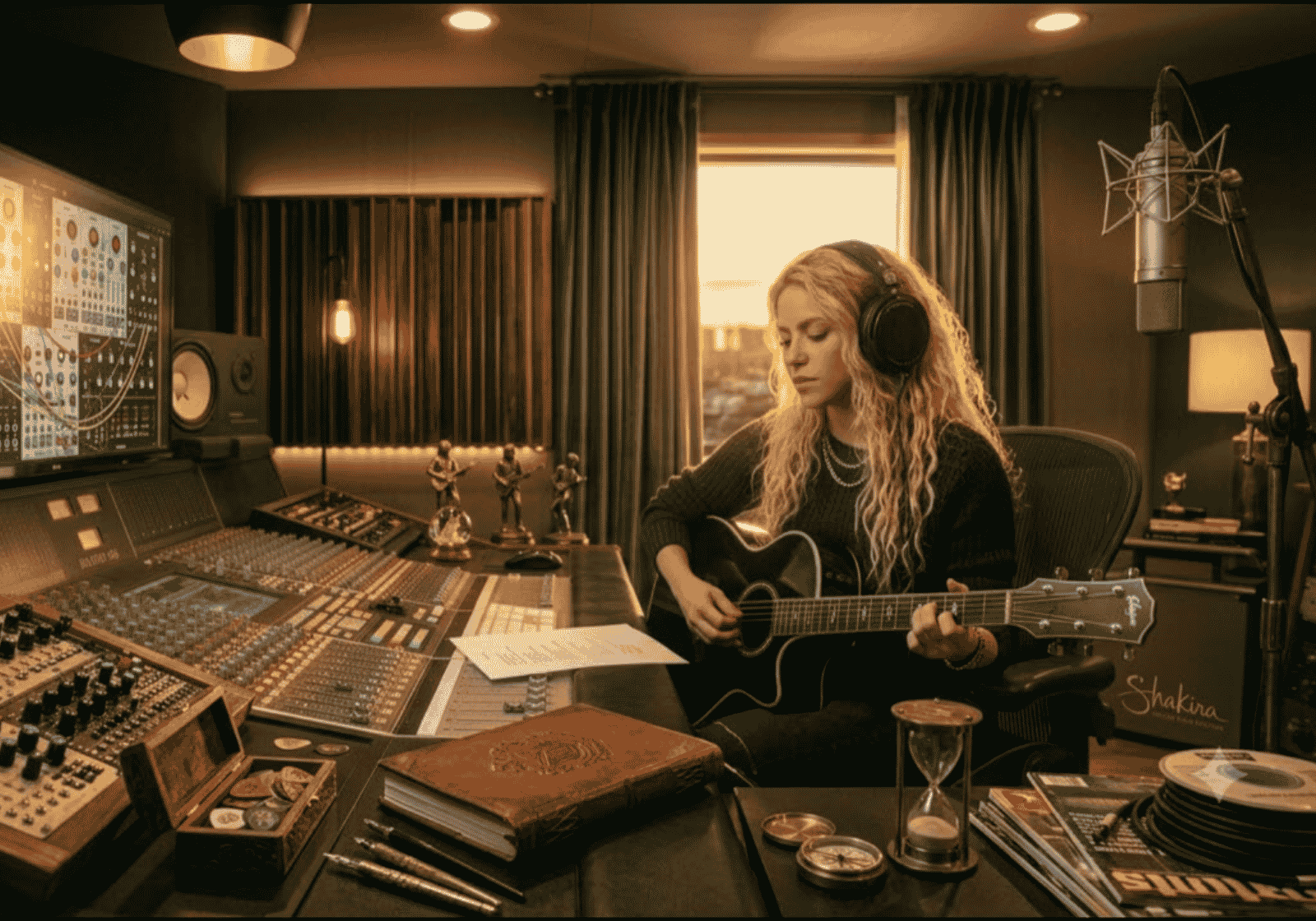 Shakira stúdióban ül gitárral és fejhallgatóval